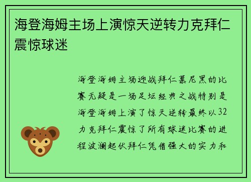 海登海姆主场上演惊天逆转力克拜仁震惊球迷