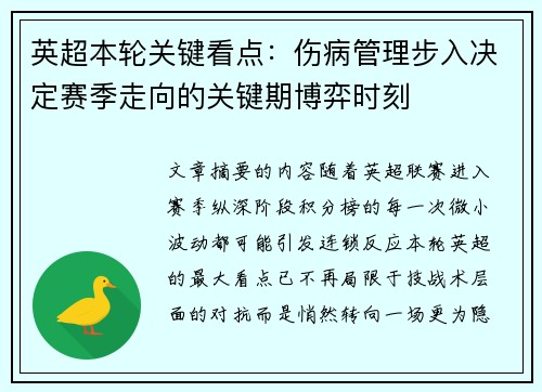 英超本轮关键看点：伤病管理步入决定赛季走向的关键期博弈时刻